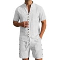 thumbnail image 2 of Short Sets for Men Cotton Linen Short Sleeve Button V Neck Stand Collar Shirt and Shorts 2 Piece Matching Set Summer Outfits, 2 of 5