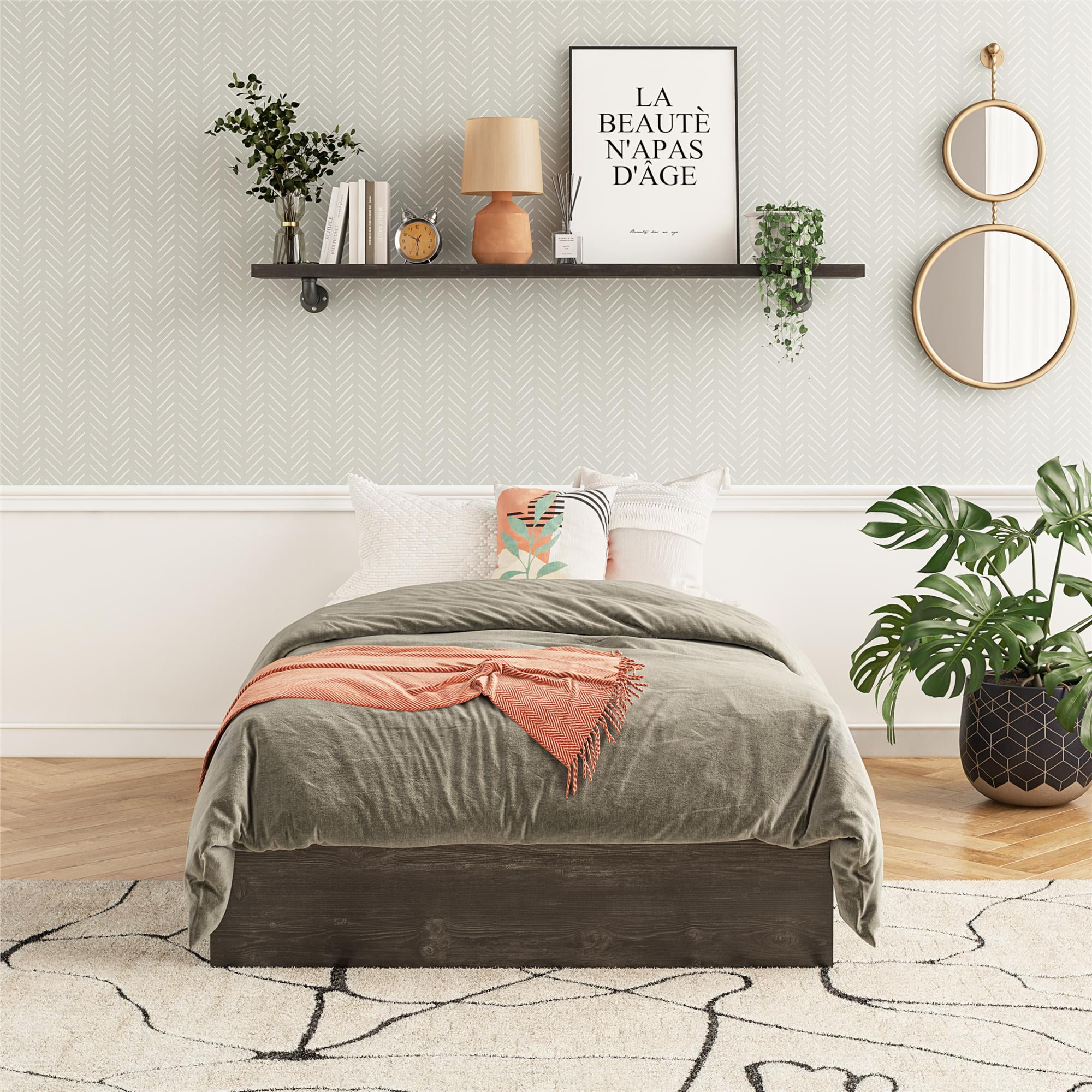 RealRooms DreamSaver Platform Bed Frame and Mattress Set, Twin, Black Oak