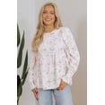 thumbnail image 6 of Pink Floral Print Shirred Balloon Sleeve Keyhole Back Babydoll Blouse, 6 of 8