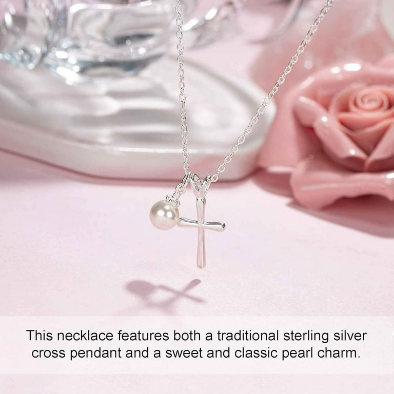 Women's Pearl Cross Necklace First Communion, Baptism and Easter