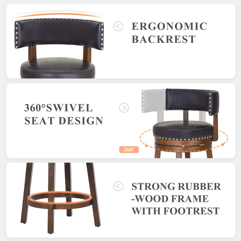 COLAMY Swivel Bar Stools Set of 4, 25 Inch Counter Height Stools, Modern Upholstered Wood Bar Chairs with Back for Kitchen Island Dining Room Bar, Fits 34-40" Height, Dark Brown