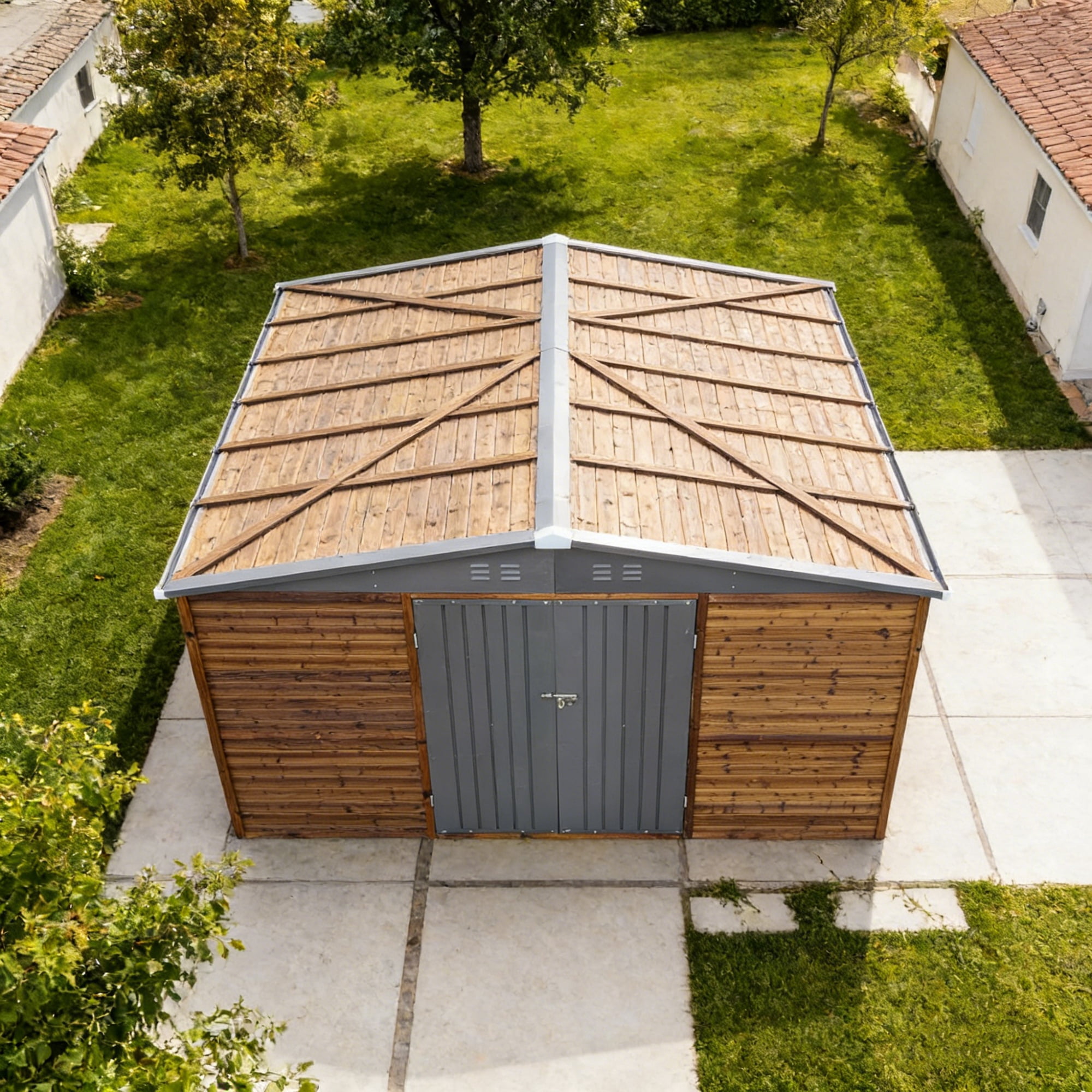 Fehomix 8x10 FT Outdoor Storage Shed, Metal and Wood Tool Shed with Wide Iron Doors & Windows, Weatherproof Garden Shed for Backyard, Lawn Mower & Large Equipment Storage