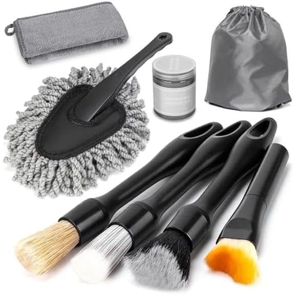 8PCS Car Detailing Brush Set, Interior Car Cleaning Kit with Dash Duster, 4 Detailing Brushes (Soft to Hard), Microfiber Towel, Cleaning Gel, for Vents, Dashboard & Leather Seats