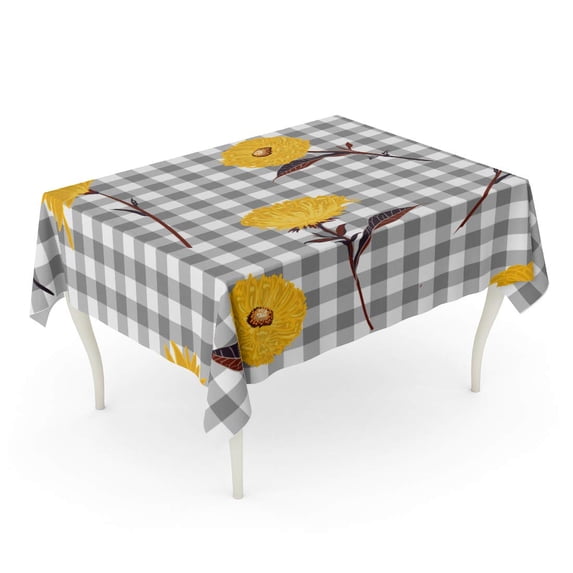 LADDKE Blue Flower Floral Yellow Blooming on Light Grey and White Gingham Checked Abstract Bea Tablecloth Table Desk Cover Home Party Decor 60x120 inch