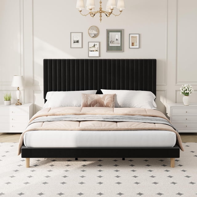 GloryStar Vertical Channel Tufted Velvet Bed Frame, Adjustable Headboard Platform Bed with Wooden Slats, No Box Spring Required