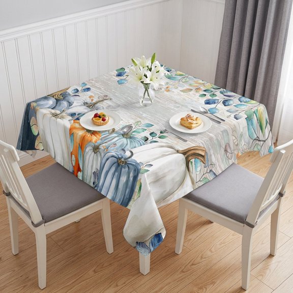 Blue Pumpkin Table Cloth Waterproof Tablecloths, Orange White Thanksgiving Autumn Eucalyptus Tablecloth Dining Table Cover for Kitchen Party Tabletop Outdoor, Square Tablecloth 54x54 Inch