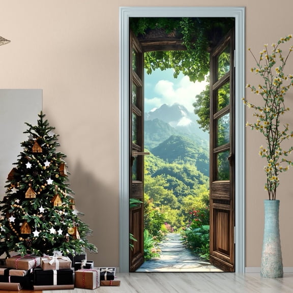 3D Door Stickers Decals Green Door Murals Vinyl Peel and Stick Removable Decorative Wallpaper Waterproof Self Adhesive Wall Covers Poster Decoration 30.3" W x 78.7" H