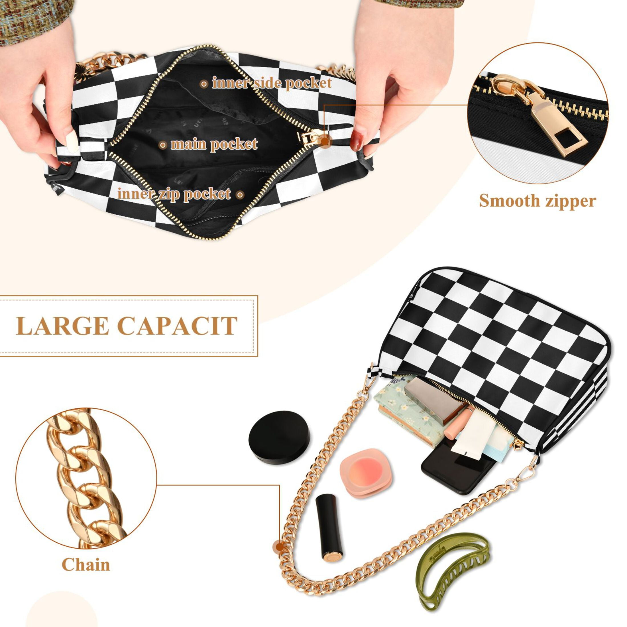 Ryvnso White and Black Checkered Grid Art Pattern Womens Chain Shoulder Bag Tote Handbags Clutch Hobo Purse with Zipper for Travel