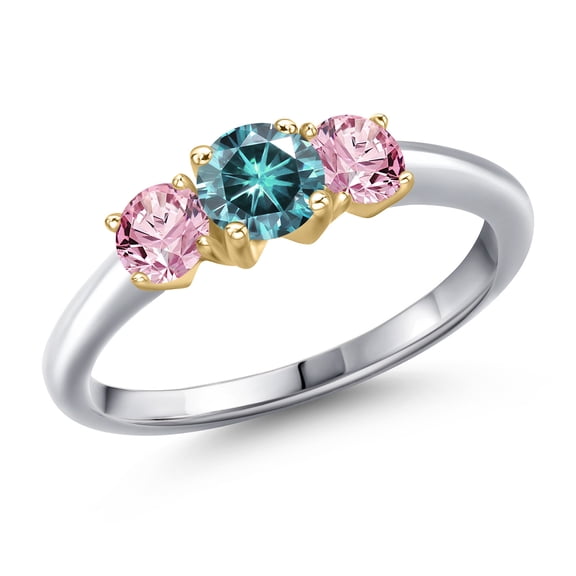 Gem Stone King 10K Two Tone Gold Blue Moissanite and Pink Lab Grown Diamond Engagement Ring for Women | 1.00 Cttw | Round 5MM | Gemstone Birthstone | Size 9