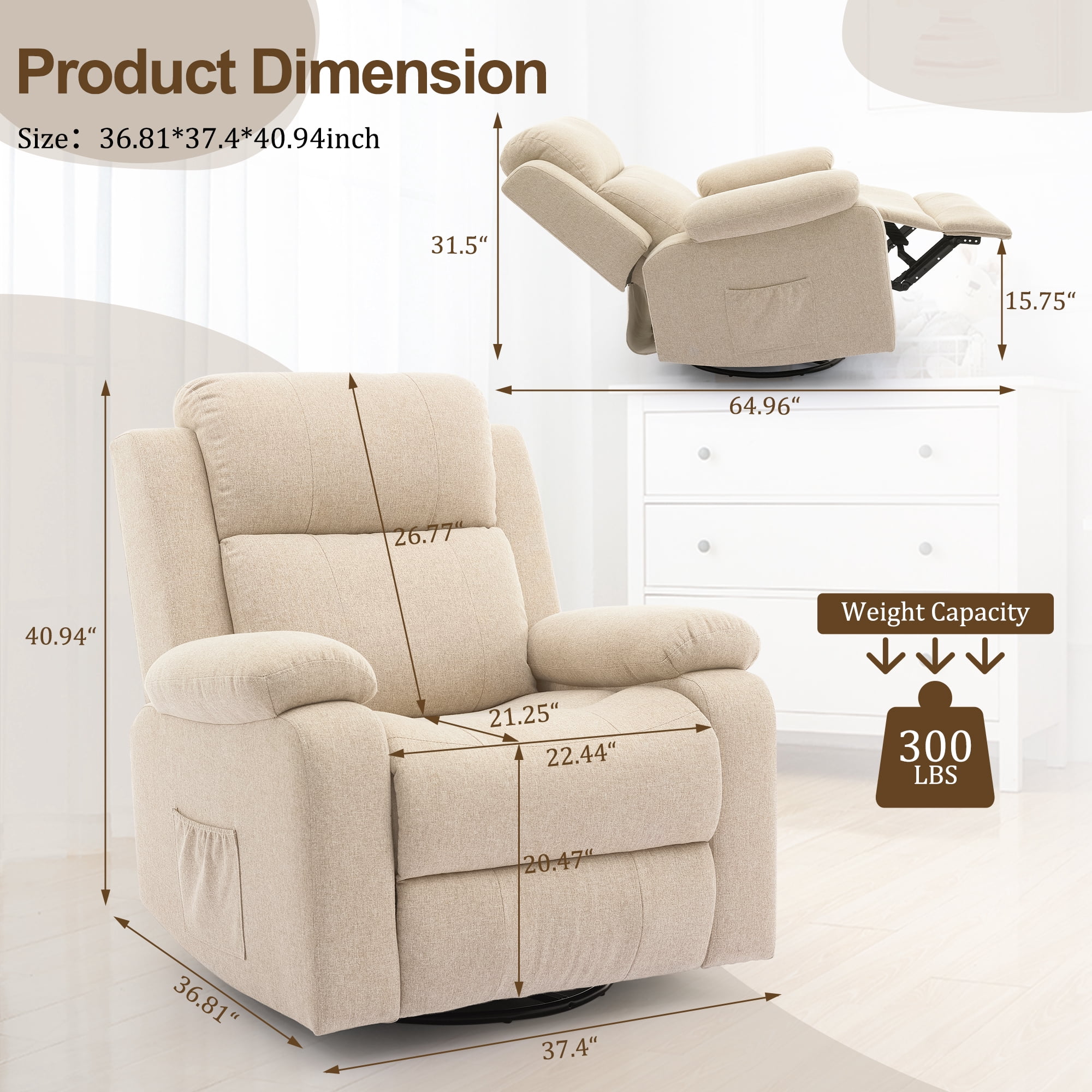 Korser Swivel Rocker Recliner Chair for Adults with Massage and Heat,Upholstered Manual Recliner with Side Pockets Glider Recliner for Living Room,Linen,Beige