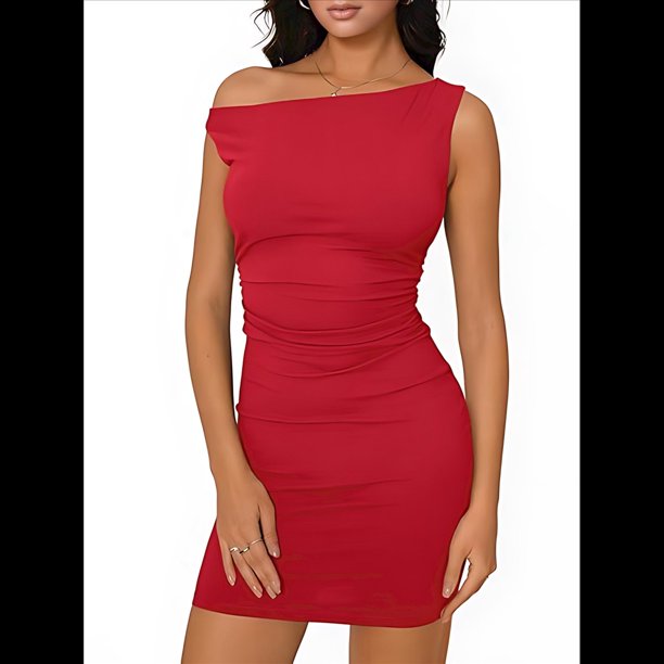 Vestidos de Verano Mini para Mujer 2025, Ajustados, con Hombros Descubiertos, Rojos, Talla XL