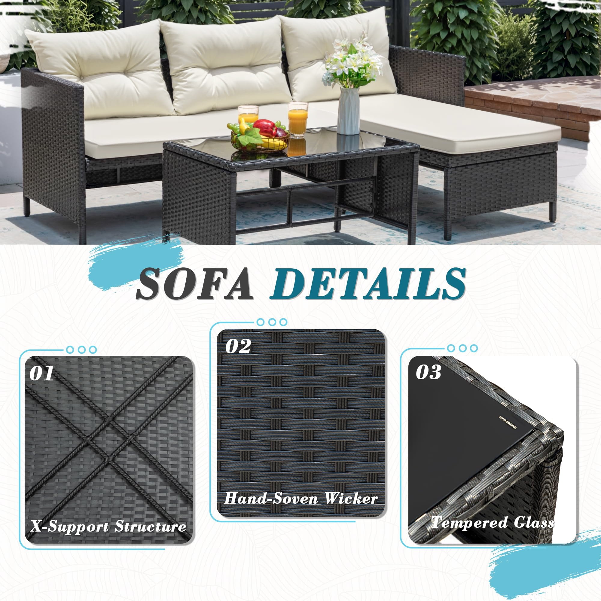 Aukfa Outdoor Patio Wicker Rattan Sectional Sofa with Table & Beige Cushions for Yard, Garden, Porch