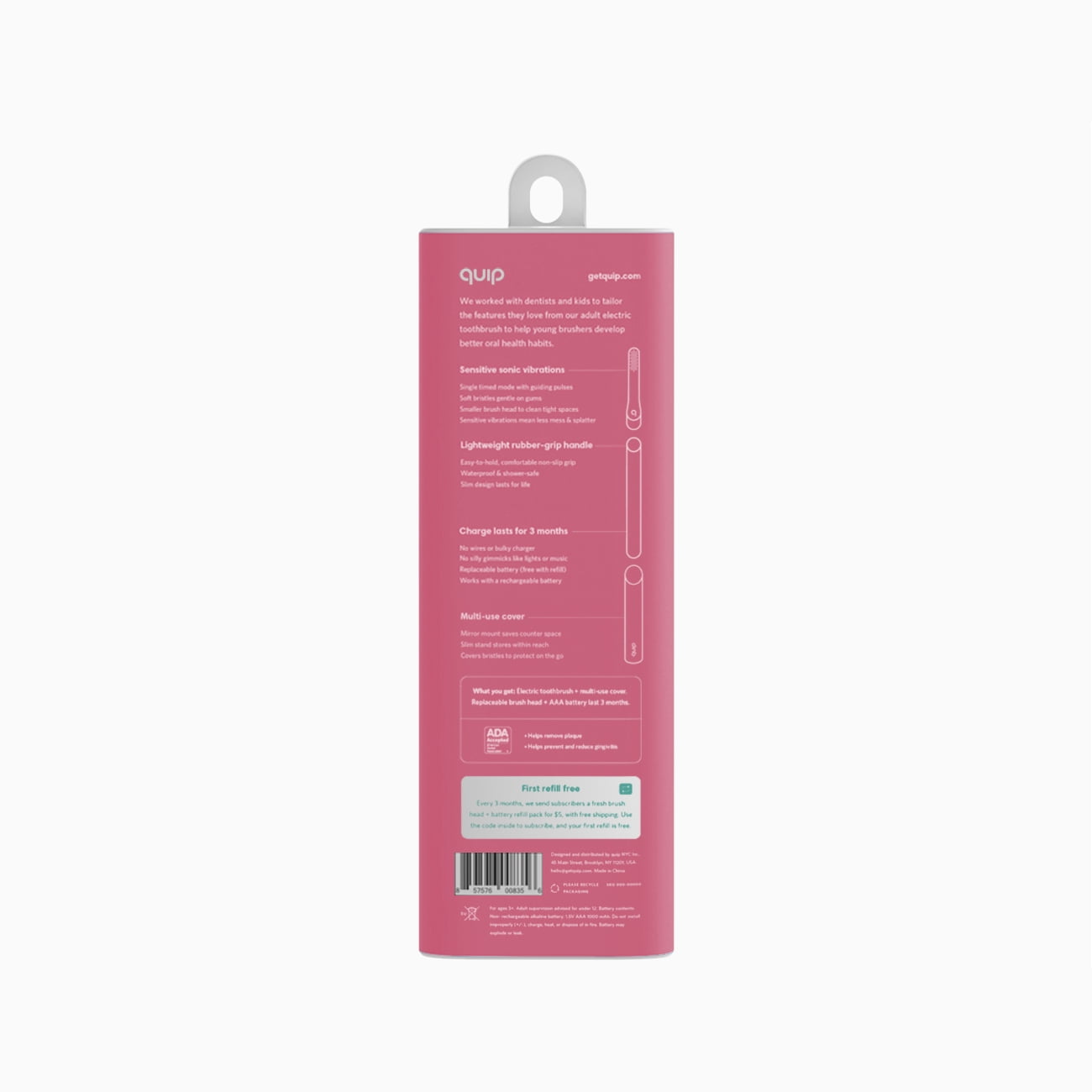 quip Kids Electric Toothbrush, Built-In Timer + Travel Case, Pink Rubber
