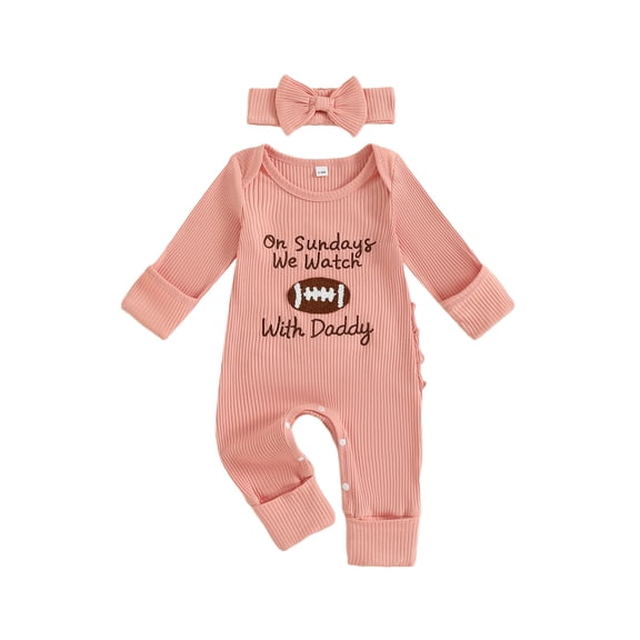 BemeyourBBs Newborn Baby Girls Football Outfit Rib Knit Romper Rubby Letter Embroidery Long Sleeve Jumpsuit with Headband Set