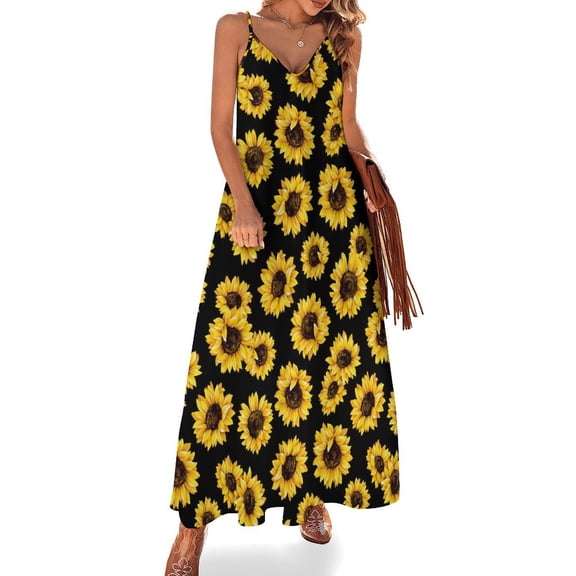 Wild Yellow Sunflowers on Black Background Sleeveless Dress Loose Women's Dress Dresses Luxury Evening Dresses