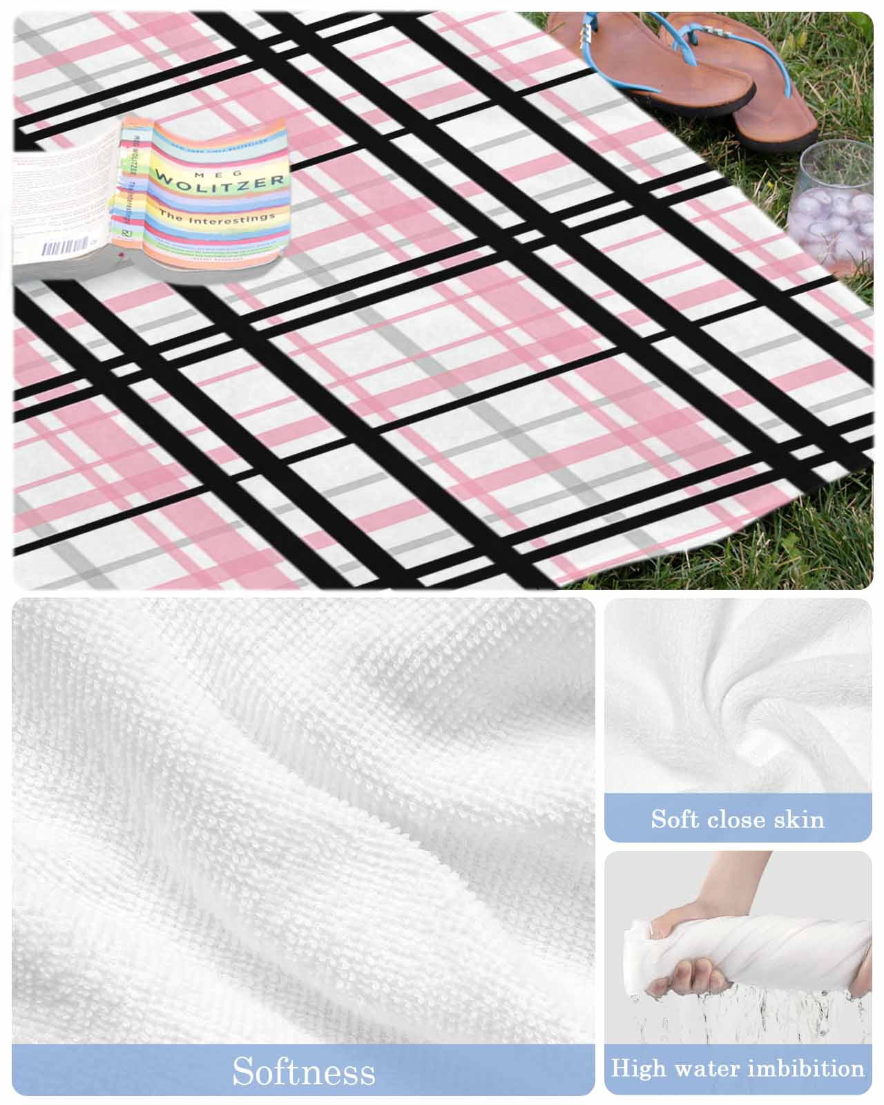 Pink Black Plaid Beach Towels Oversized Super Absorbent, Farmhouse Pink Black Checkered Lightweight Bath Towel Quick Dry Sets For Bathroom/Pool/Rv Camping/Beach Play/Gym Room/Picnic 31"x62"