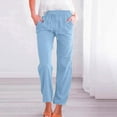 thumbnail image 2 of FRSASU Womens Casual Imitation Cotton Linen Pants Lightweight Summer Elastic Waist Plus Size Solid Lounge Long Trousers Light Blue, 2 of 5