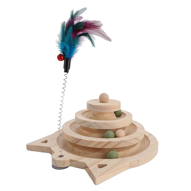 Cat Turntable Ball Toy, Pine Wood Multi Level Cats Interactive Roller Toy Sturdy Construction for Scratching Playing