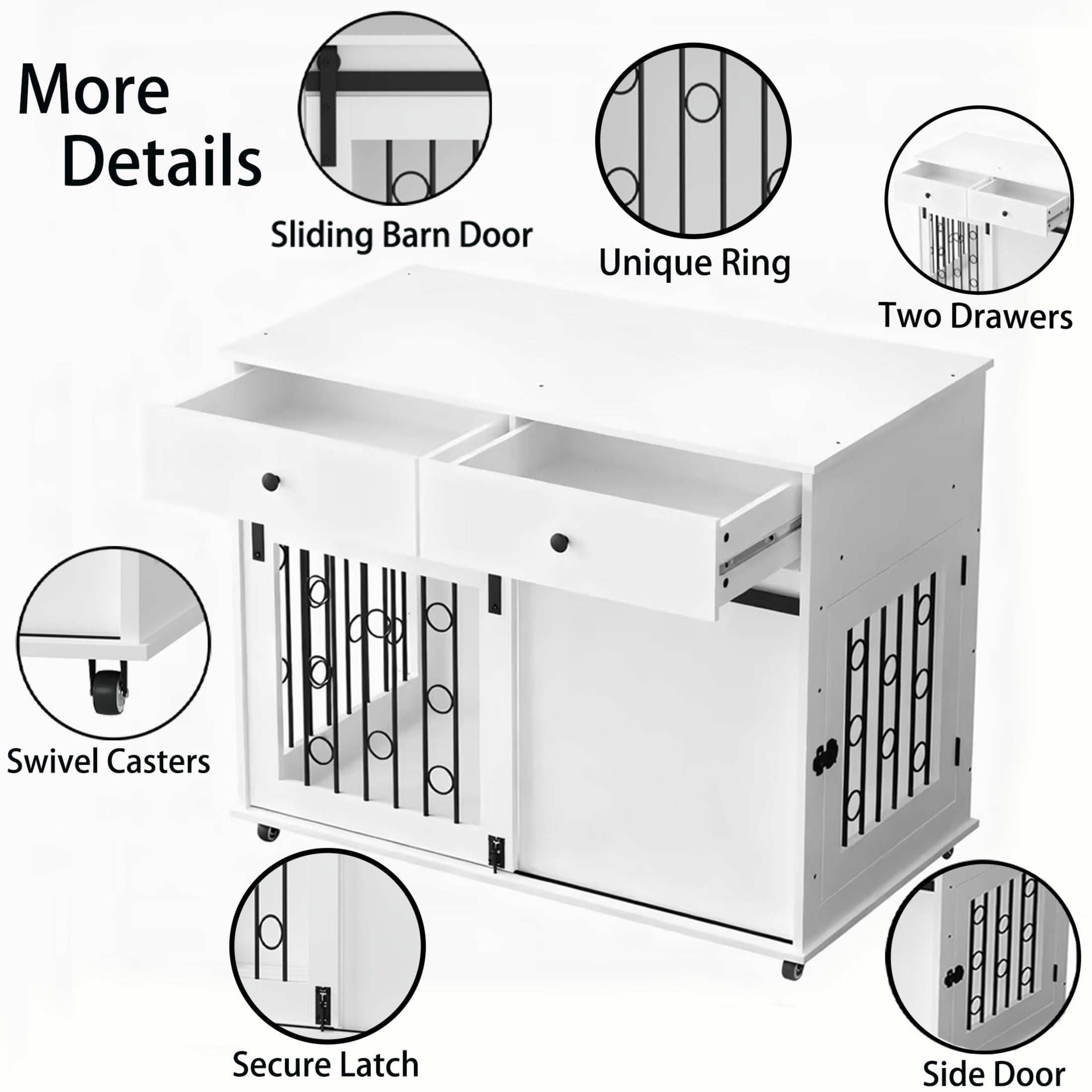 Noble House 39.37" Modern Dog Crate Furniture with Sliding Barn Door and Drawers, Pet Kennel with Lockable Wheels, White