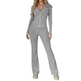 thumbnail image 2 of Gamivast 2 Piece Tracksuit Set for Women Ribbed Knit Full Zip Collared Long Sleeve Jacket Wide Leg Pants Fall Lounge Outfit Gray L, 2 of 5