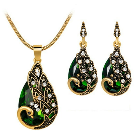 VerPetridure Women's Peacock Pendant Earring Necklace Vintage Wedding Jewellery Set