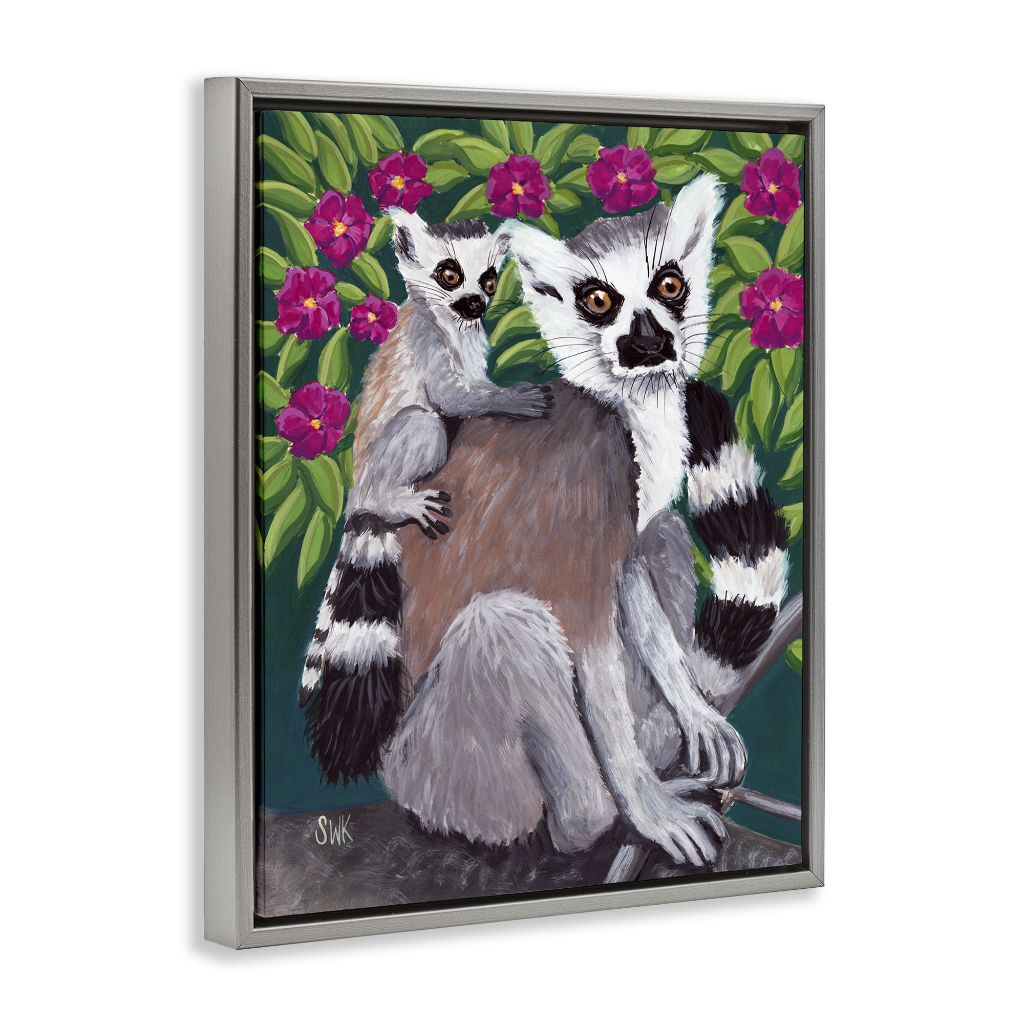 Stupell Industries Ring Tailed Lemur Mama & Baby Gray Framed Floater Canvas Wall Art, design by Sarah Waldron Kimball