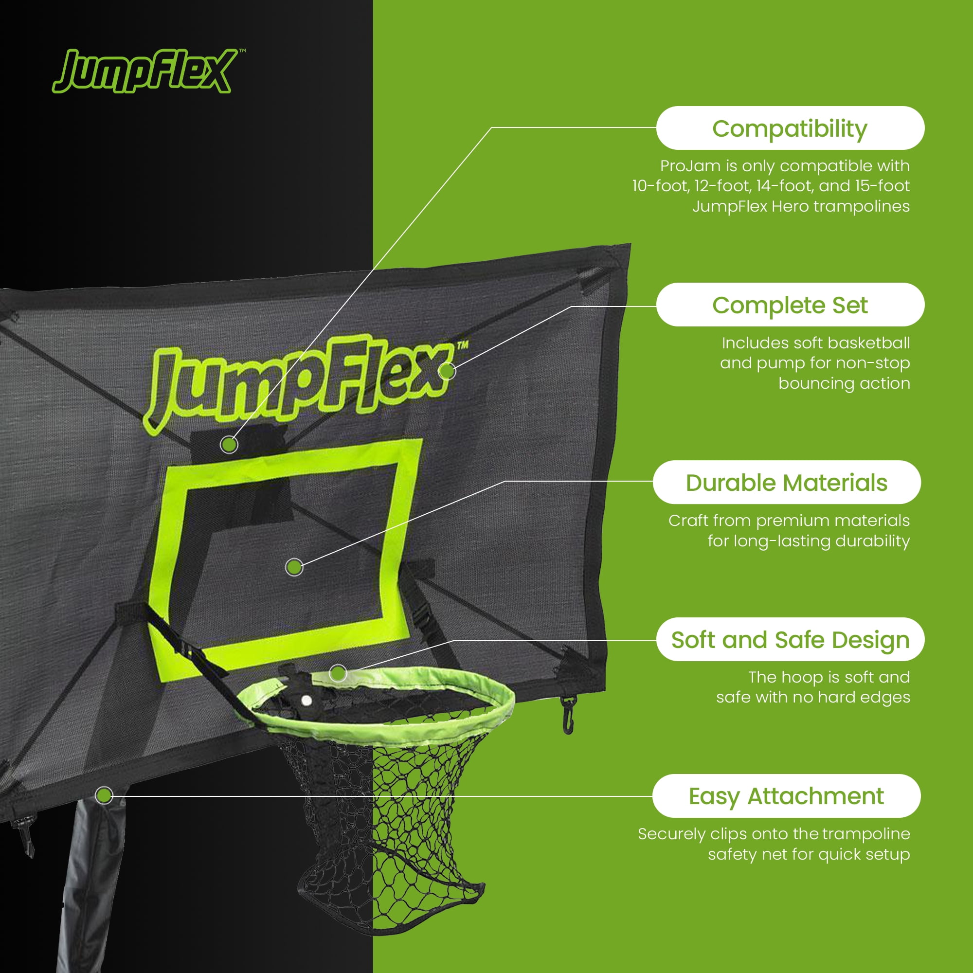Jumpflex FLEX 10' Round Trampoline, Outdoor Play Equipment with PROJAM Basketball Hoop