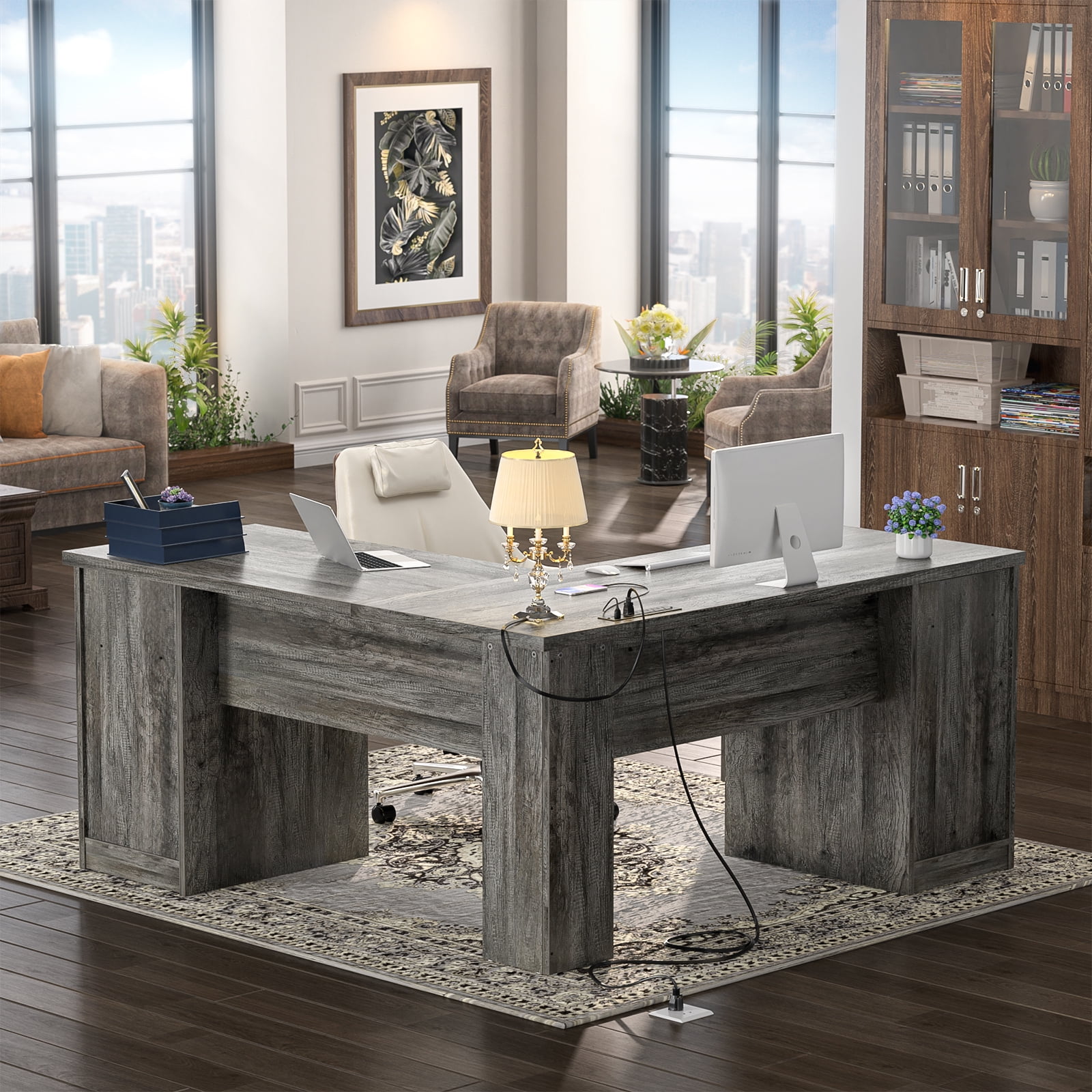 Homieasy L Shaped Desk with Power Outlet and USB Ports, 60 Inch Corner Computer Desk with Drawers and Storage Shelves, Large 2 Person Study Table L-Shaped Office Desk with File Cabinets, Black Oak