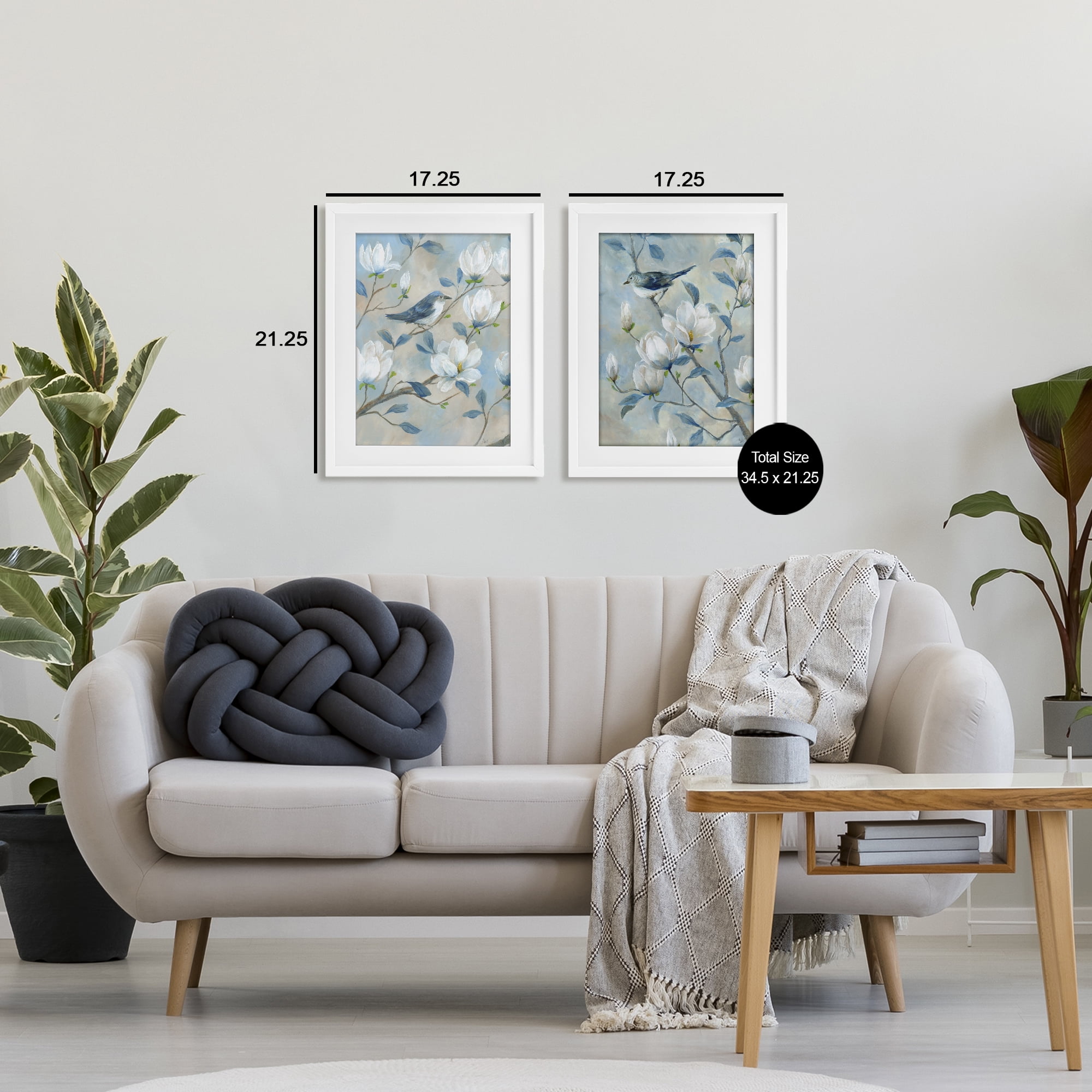 Stupell Industries Blue Birds in Magnolia Tree 2 Piece White Framed Print Under Glass Set, design by Nan