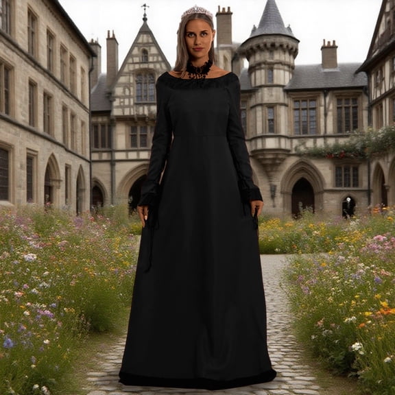 Huowey Witch Gothic Dresses Womens Halloween Elegant Fancy Cosplay Party Gown Crew Neck Long Sleeve Eye-Catching Halloween Dress,Black,M