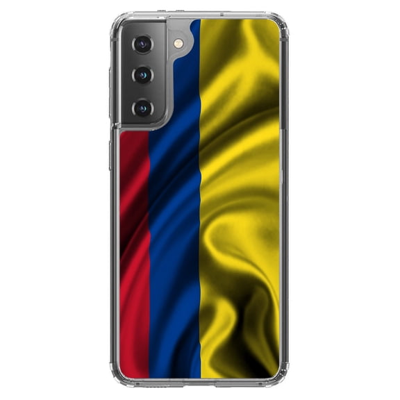 DistinctInk Clear Shockproof Hybrid Case for Galaxy S21  PLUS 5G (6.7" Screen) - TPU Bumper, Acrylic Back, Tempered Glass Screen Protector - Colombia Waving Flag - Show Your Love of Colombia
