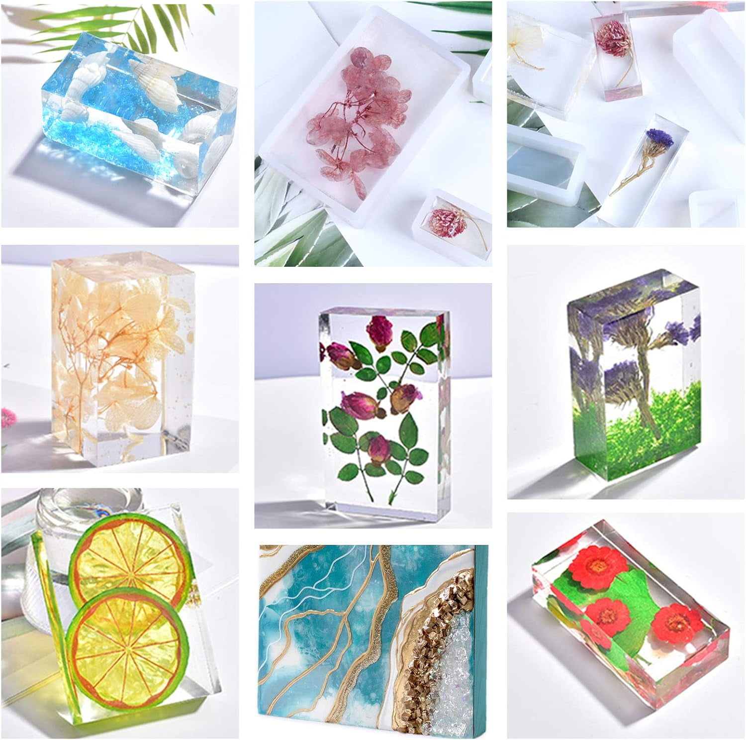 1 set Silicone Resin Casting Molds 11pcs Square Rectangular Silicone Molds Tinfoil Measuring Cup Tweezers Sticks Pipettes and Latex Finger Cots for DIY Crafting Resin Epoxy Jewelry Making