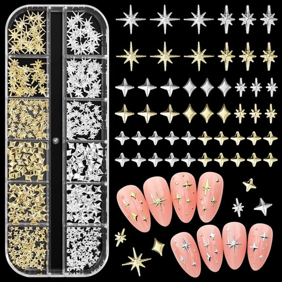 Christmas Star Nail Charms and Gems, Star Starshine Cross Metal Mixed Gold and Silver Nail Gems Charms, Gold Snowflake Nail Decor, Shiny Star Christmas Nail Charms for Nail Art DIY