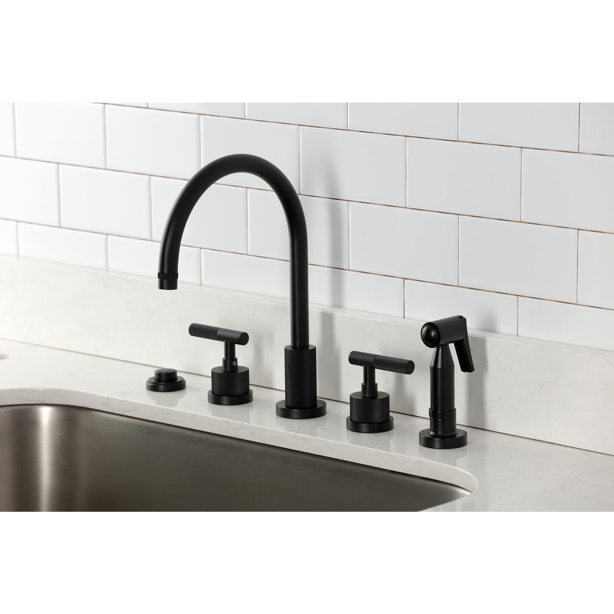 Kingston Brass KS8720KNLBS Convergent Double-Handle 4-Hole Widespread Kitchen Faucet with Knurled Handle 4-Hole and Brass Sprayer in Matte Black