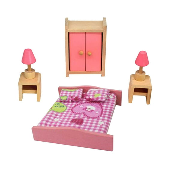 Pink Wooden Doll House Furniture Kid Rooom Set With Accessories For Dollhouse