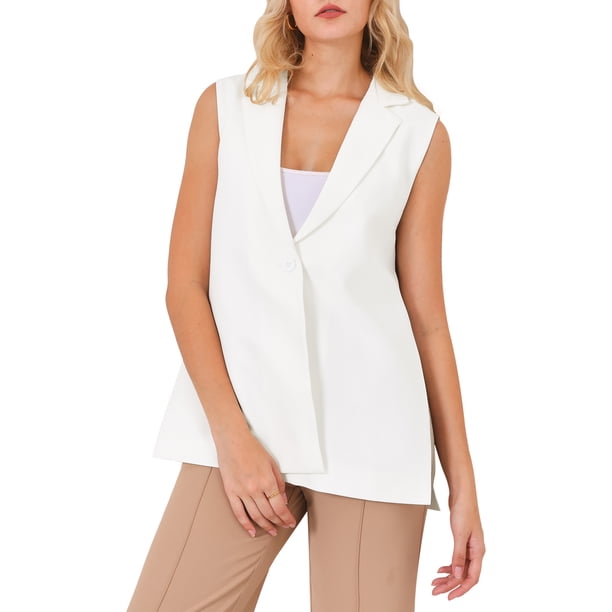 INSPIRE CHIC Chaleco de trabajo sin mangas con solapa de muesca y un botón ajustable en la cintura S Blanco