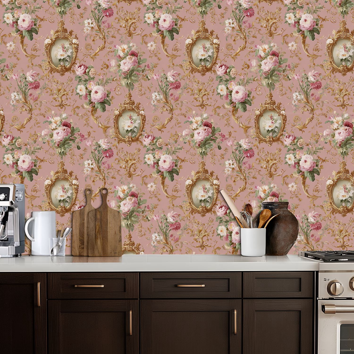 Peel and Stick Wallpaper Vintage Floral Gold Frames Soft Pink Wall Mural 17.7in x 9.8ft Self Adhesive Removable Wall Paper Renter Friendly Wallpaper for Bedroom
