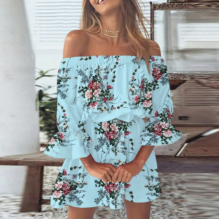 Summer Dresses For Women 2024 Vacation Dresses Sleeveless Off Shoulder  Floral Short Mini Dress Casual Loose Party Dress