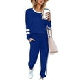 thumbnail image 3 of Wrcnote Women Striped Crew Neck Tops Sweatsuits Color Block Casual Long Sleeve T-shirt Lounge Sets Drawstring Pants Two Piece Outfit Blue XXL, 3 of 5