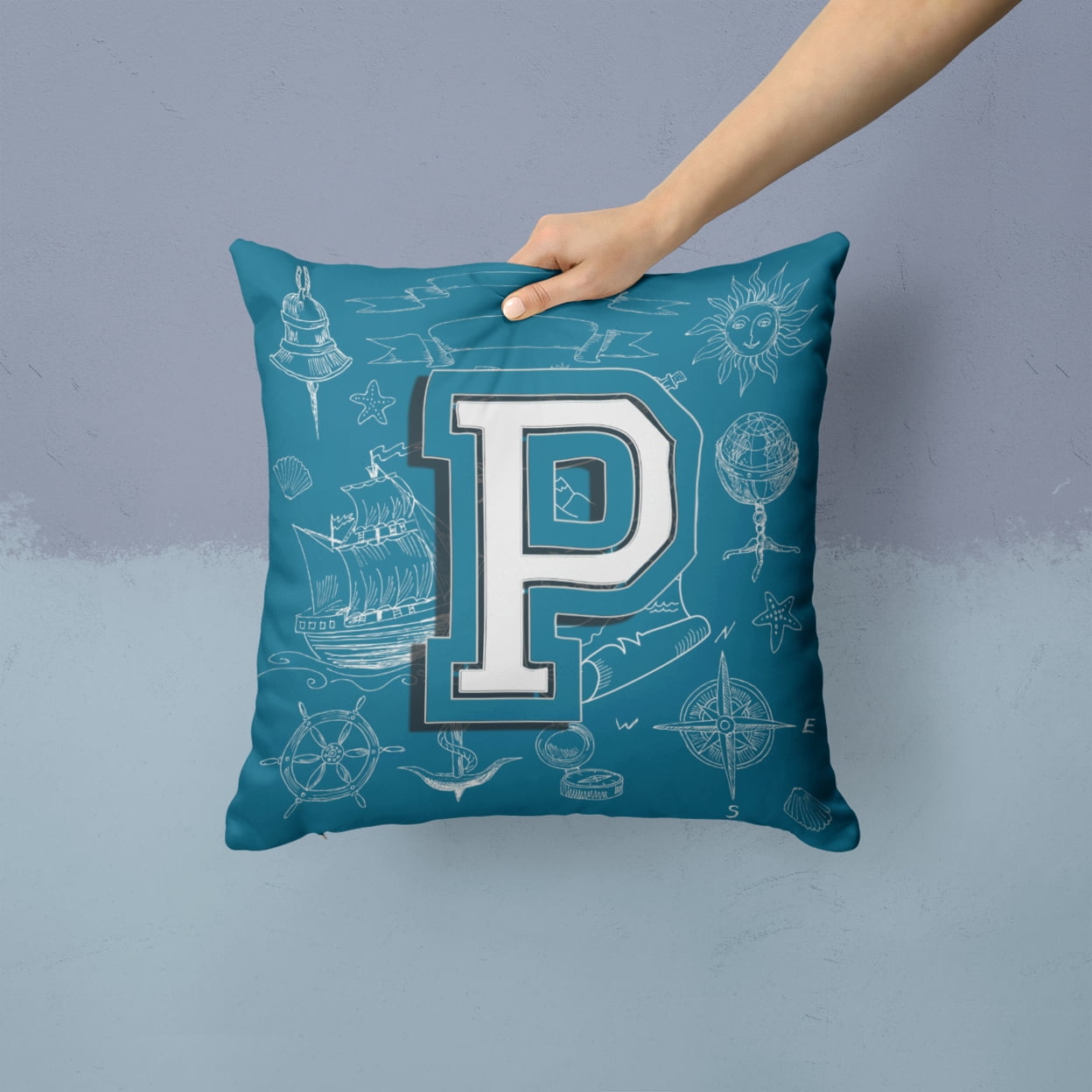 Carolines Treasures CJ2014-PPW1414 Letter P Sea Doodles Initial Alphabet Canvas Fabric Decorative Pillow 14Hx14W