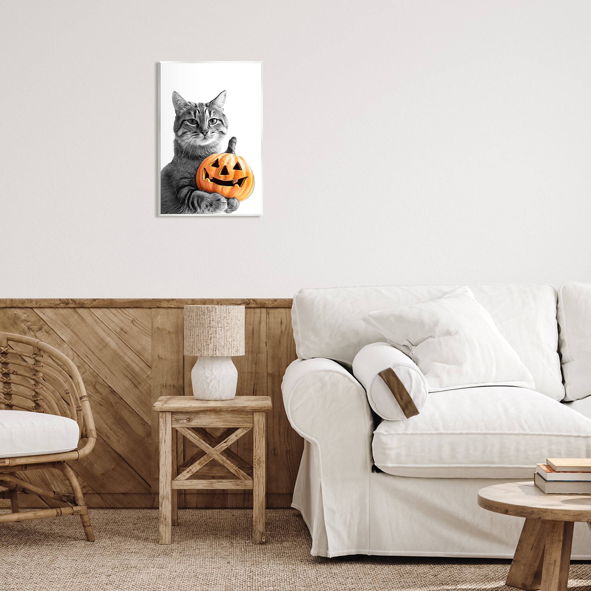 Stupell Industries Cat & Jack-o-Lantern Holiday Painting Unframed Art Print Wall Art, 13 x 19