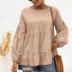 thumbnail image 3 of Top de manga larga para mujer, otoño, cuello redondo, mangas abullonadas, manga larga, Top informal holgado de Color puro, color albaricoque XXL, 3 of 6