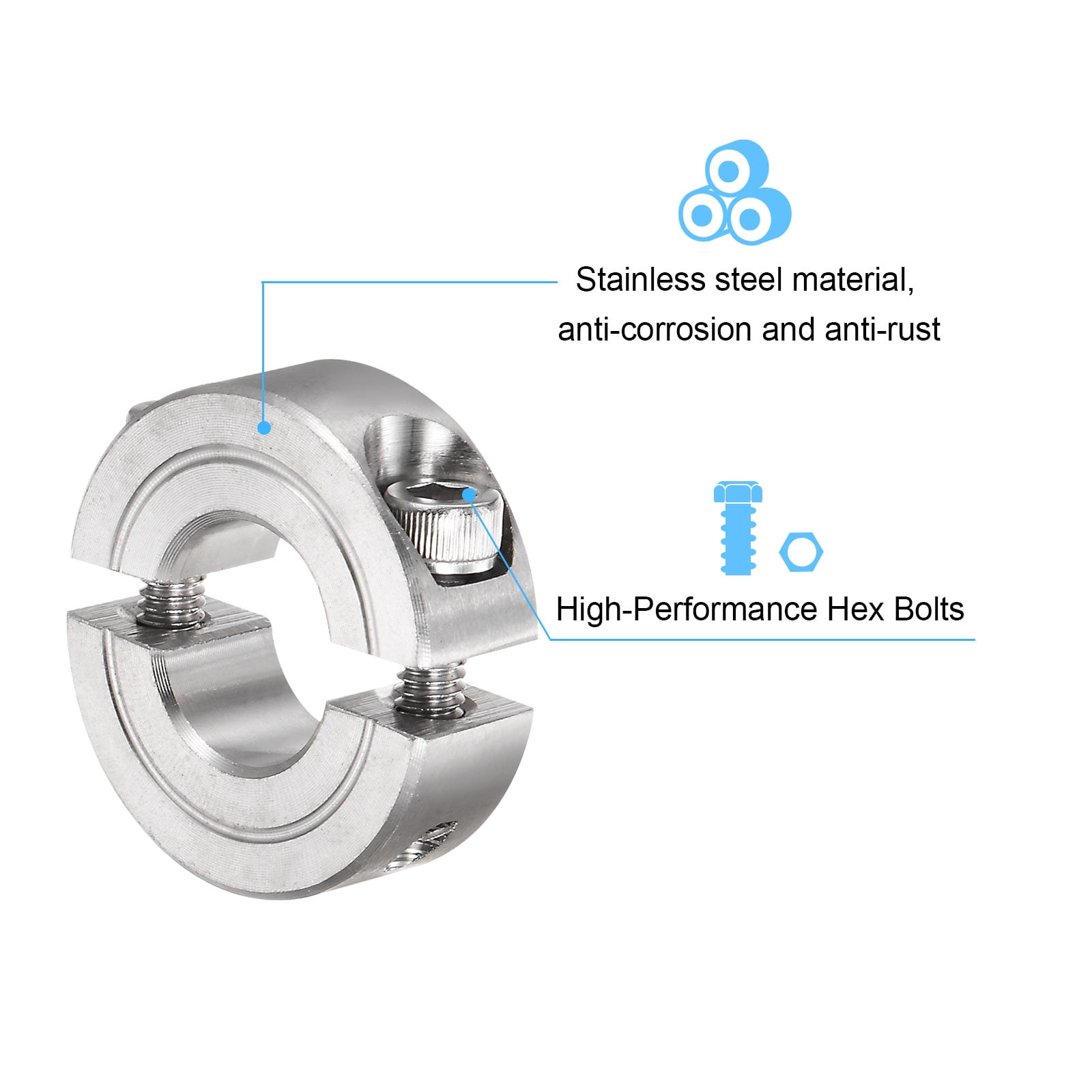 Uxcell 4pcs Shaft Collar for 1/2" Rod 1-1/8" OD 13/32" Stainless Steel Double Split Clamp-On Collar with Set Screw