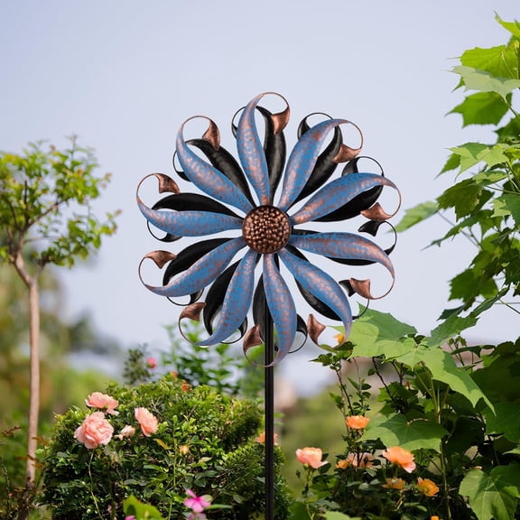Wind Spinners Outdoor, Metal Kinetic Wind Spinner with Flower Design for Yard Garden Lawn Decorations, Dark Blue