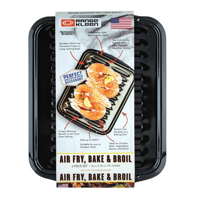 Range Kleen 2-piece heavy duty porcelain air fry, bake and broil pans with non-stick finish, dishwasher safe, top grill drains grease away for healthier cooking.