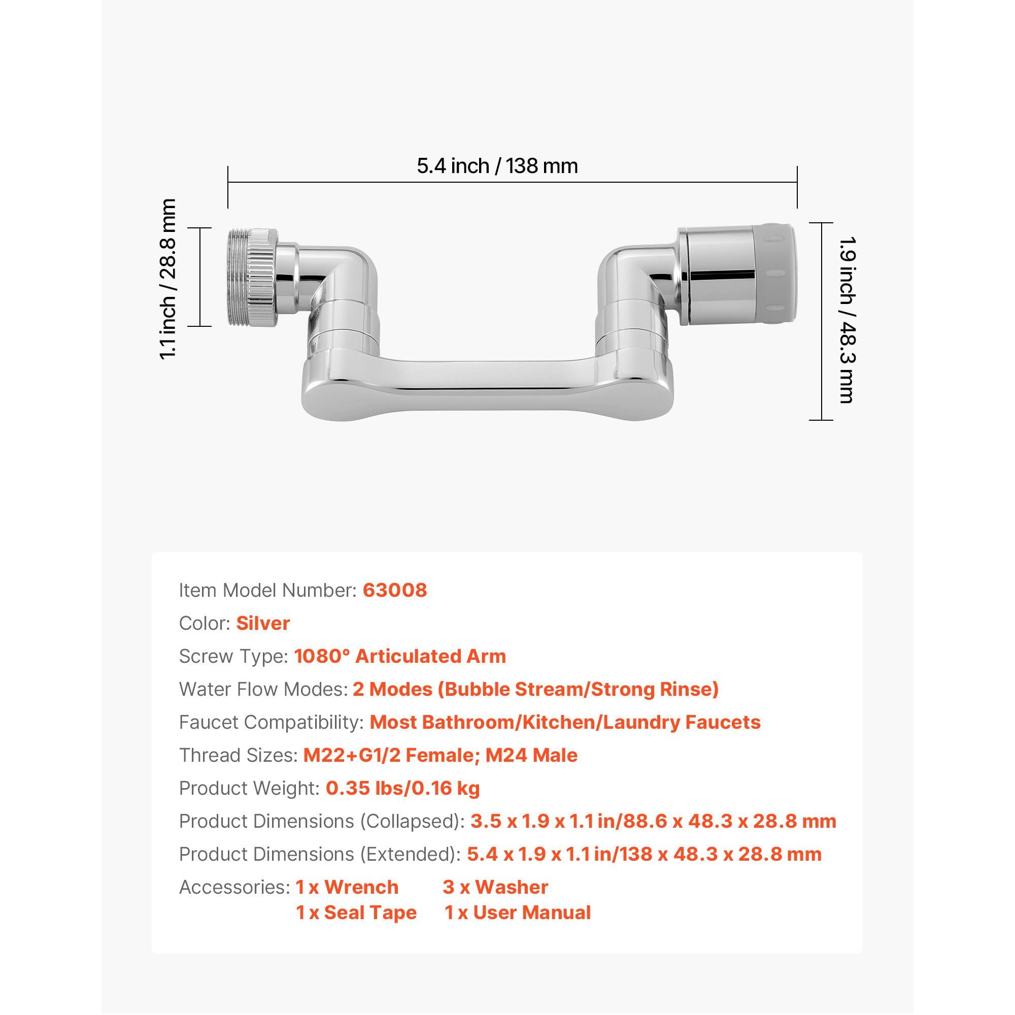1080° Rotating Faucet Aerator Swivel Extender, Dual Water Flow Modes Three Thread Sizes, Brass Connector Zinc Alloy for Kitchen Sink Water Saving