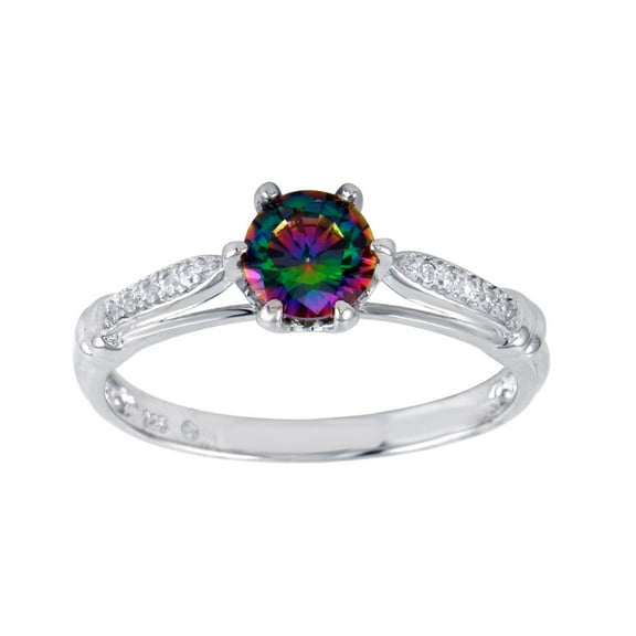 Round Synthetic Mystic Topaz Clear CZ Design Ring Sterling Silver Size 9
