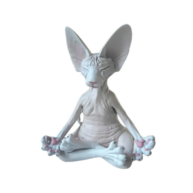 onlyliua promoción de temporada adornos de resina sin pelo para decoración de salas de estar figura decorativa de animal sin pelo blanca sentada en postura de meditación con orejas grandes, patas cruzadas y almohadillas rosadas; acabado liso, adecuada como adorno para sala de estar.