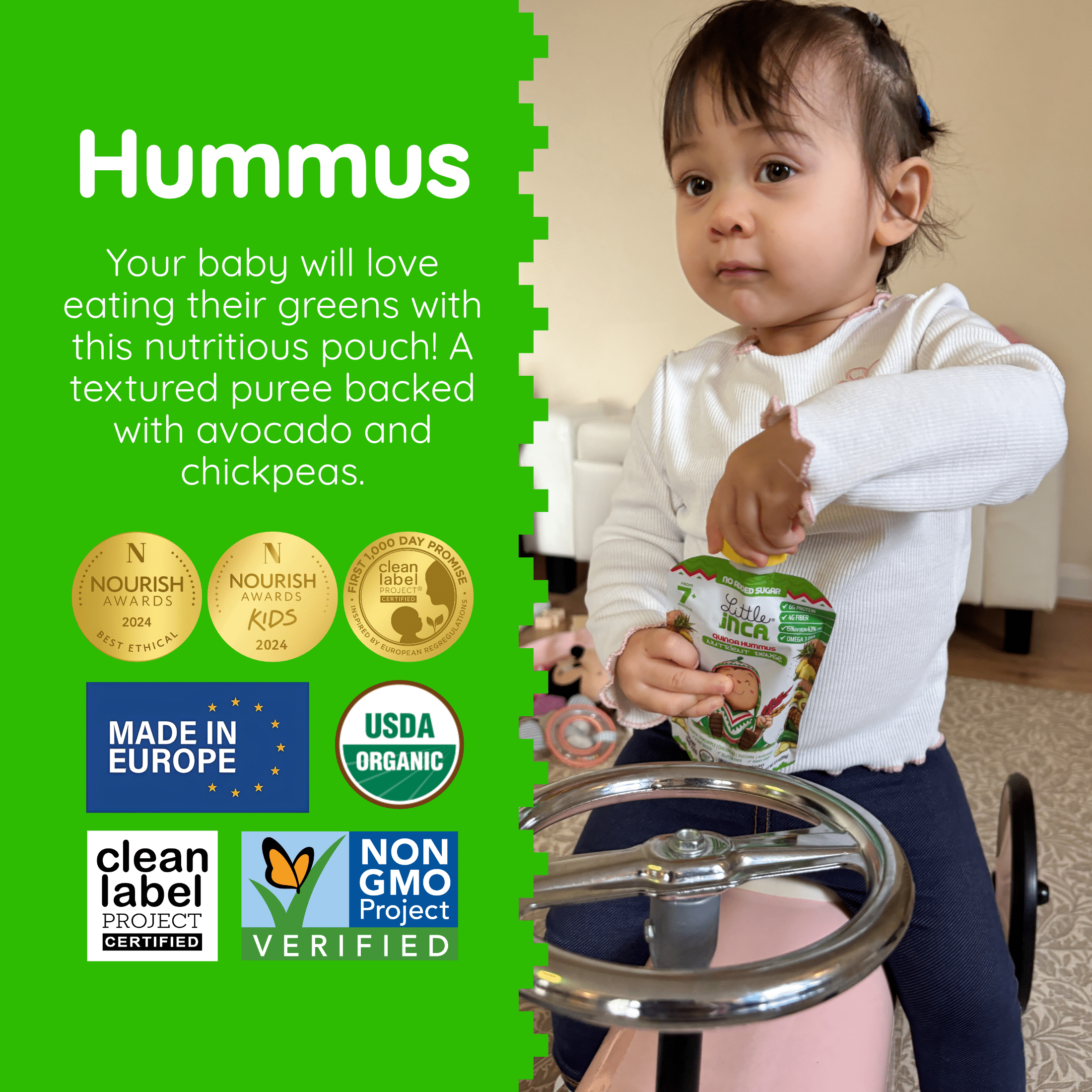 Little Inca Stage 2 Baby Food Pouches, Quinoa Hummus Baby Puree, Plant Based High Protein, Dairy-Free, 6 x 3.5oz
