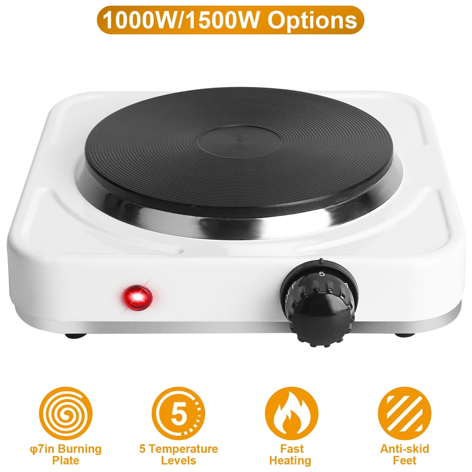 iMounTEK Portable Heating Hot Plate Stove, 1500W Electric Single Burner, Countertop RV Hotplate with Non Slip Rubber Feet, 5 Temperature Adjustments,White
